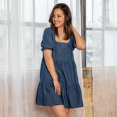 Balloon Sleeve Denim Baby Doll Dress - Aaria Tees