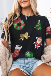Black Sequin Christmas Essentials Graphic Crewneck T Shirt - Aaria Tees