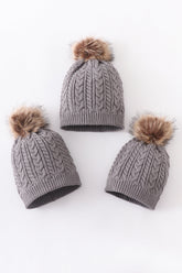 Grey cable knit pom pom beanie hat baby toddler adult - Aaria Tees