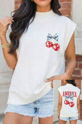 White Mock Neck Short Sleeve Cherry Print America Slogan Casual Top - Aaria Tees