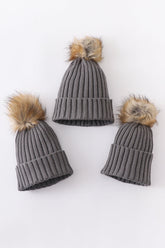 Grey knit pom pom beanie hat baby toddler adult - Aaria Tees