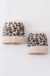Beige leopard beanie hat toddler adult - Aaria Tees