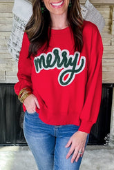 Fiery Red Merry Script Holiday Christmas Graphic Sweatshirt - Aaria Tees
