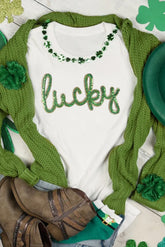 White Sequined Lucky St.Patricks Day Graphic Tee - Aaria Tees