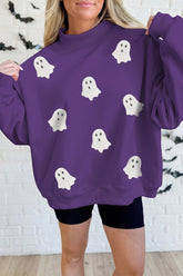 Tillandsia Purple Halloween Sequined Ghost Print Mock Neck Graphic Sweatshirt - Aaria Tees