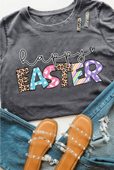 Gray Happy EASTER Lettering Graphic Crewneck Tee - Aaria Tees