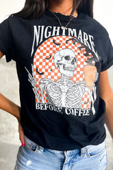 Black Nightmare Before Coffee Skull Checkerboard Graphic Halloween Tee - Aaria Tees