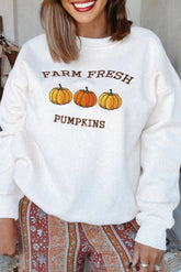 White FARM FRESH PUMPKINS Embroidered Graphic Thanksgiving Holiday Sweatshirt - Aaria Tees
