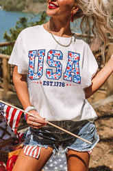White USA Floral Print EST 1776 Patriotic Graphic Tee - Aaria Tees