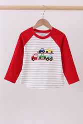 Red car embroidery stripe top - Aaria Tees