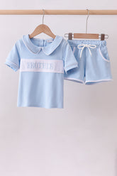 Blue brother embroidery pocket shorts set - Aaria Tees