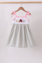 Pink seersucker farm animals embroidery ruffle dress - Aaria Tees