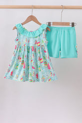 Blue sailboat print ruffle shorts set - Aaria Tees