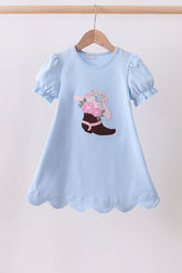 Blue floral boot applique scalloped dress - Aaria Tees