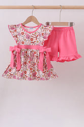 Pink baseball print ruffle shorts set - Aaria Tees
