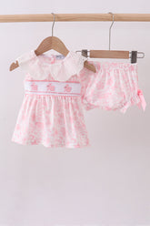 Pink bunny smocked lace collar bow bloomer set - Aaria Tees