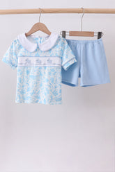 Blue bunny smocked peter pan collar shorts set - Aaria Tees