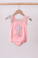 Pink floral cross embroidery ruffle bubble - Aaria Tees