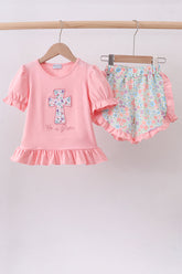 Pink cross applique ruffle shorts set - Aaria Tees