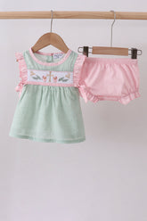Green swiss dot cross sheep ruffle bloomer set - Aaria Tees
