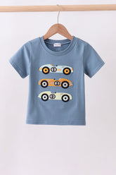 Blue racing car applique top - Aaria Tees