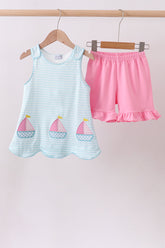 Blue sailboat applique ruffle shorts set - Aaria Tees