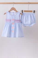 Blue seersucker bow smocked bloomer set - Aaria Tees