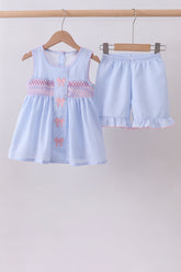Blue seersucker bow smocked ruffle shorts set - Aaria Tees