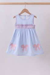 Blue seersucker bow smocked dress - Aaria Tees