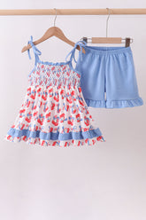 Blue cherry smocked ruffle shorts set - Aaria Tees