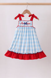 Blue America embroidery gingham ruffle dress - Aaria Tees