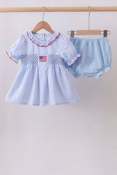 Blue flag smocked ruffle bloomer set - Aaria Tees