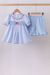 Blue flag smocked ruffle shorts set - Aaria Tees