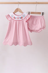 Pink fireworks flag smocked jacquard scalloped ruffle bloomer set - Aaria Tees