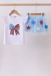 Blue bow star sequin skort set - Aaria Tees