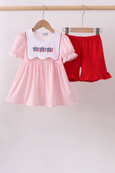 Pink flag embroidery gingham ruffle shorts set - Aaria Tees