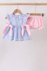 Blue Stripe Bow Bloomer Set - Aaria Tees