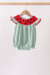 Green Watermelon Stripe Smocked Embroidered Seersucker Bubble - Aaria Tees