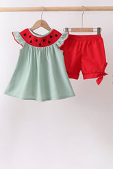 Green Watermelon Stripe Smocked Embroidered Seersucker Set - Aaria Tees