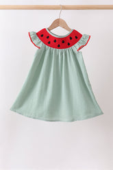 Green Watermelon Stripe Smocked Embroidered Seersucker Dress - Aaria Tees