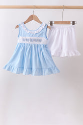 Blue Bow Smocked Embroidered Jacquard Set - Aaria Tees