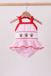 Pink stripe seersucker strawberry smocked one-piece swimsuit - Aaria Tees