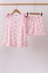 Pink bow print scalloped ruffle shorts set - Aaria Tees