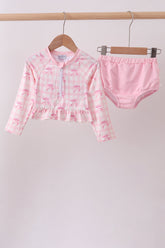Pink bow print ruffle zipper 2pc swimsuit - Aaria Tees