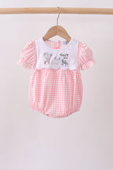 Pink Gingham Animal Embroidered Knit Bubble - Aaria Tees