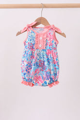 Pink tropical floral print ruffle bow bubble - Aaria Tees