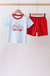 Blue Fire Engine Stripe Embroidered Set - Aaria Tees