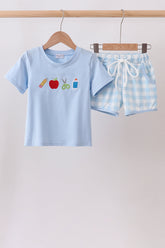 Blue Apple Embroidered Gingham Shorts Set