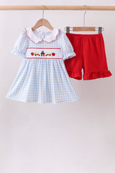 Blue School Bus Smocked Ruffle Shorts Set - Aaria Tees