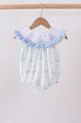Blue Sailboat Smocked Ruffle Bubble - Aaria Tees